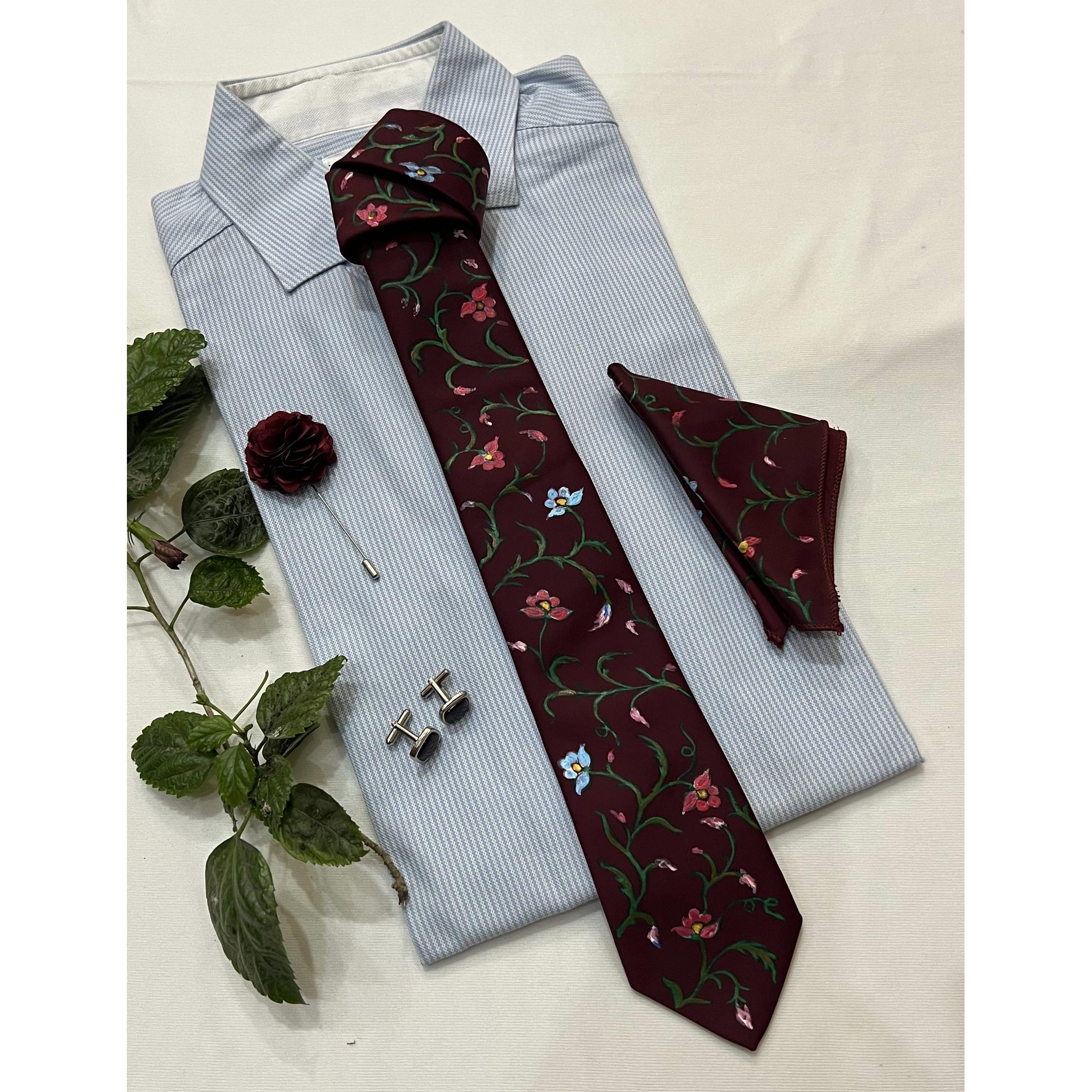 Handpainted Floral Silk Tie Set – Maroon